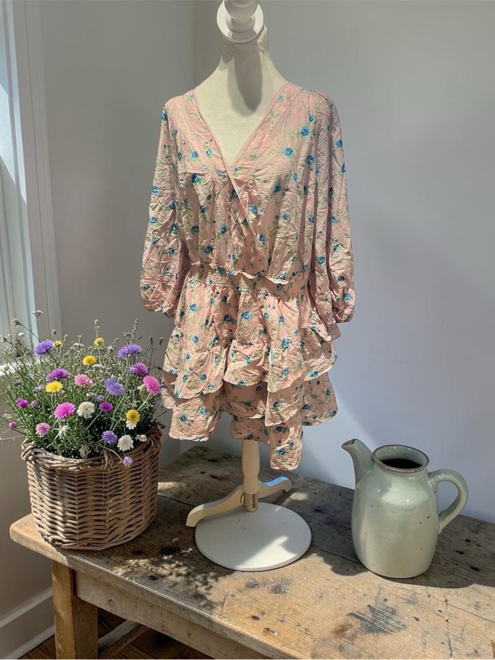 LoveShackFancy NWT 2XL Pink Blue Floral Prairie Cottagecore Dress Lace Trim